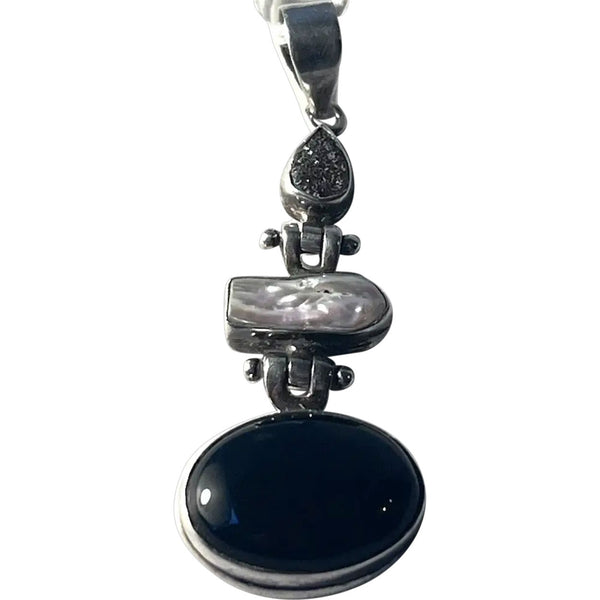 Native American NANCY CUSTER Druzy Quartz, Freshwater Pearl, Onyx Necklace Pendant