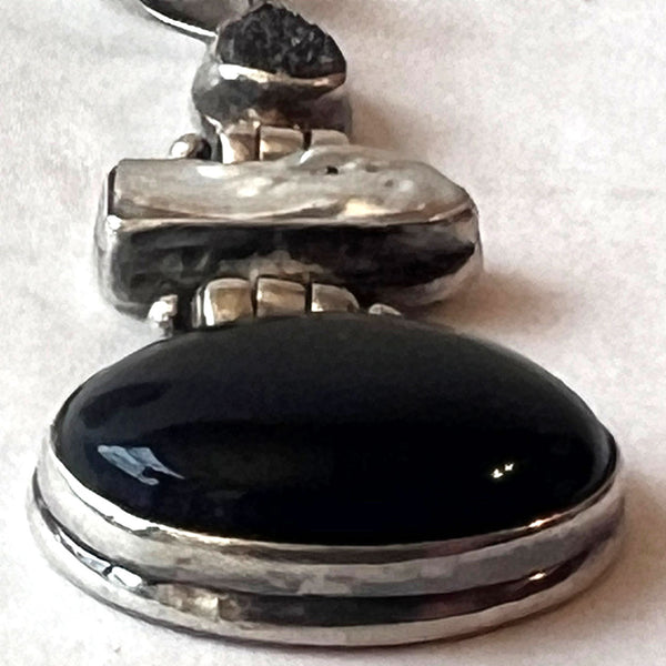 Native American NANCY CUSTER Druzy Quartz, Freshwater Pearl, Onyx Necklace Pendant