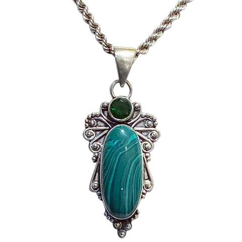 Vintage Southwestern Sterling Silver Rope Chain and Malachite Pendant Necklace