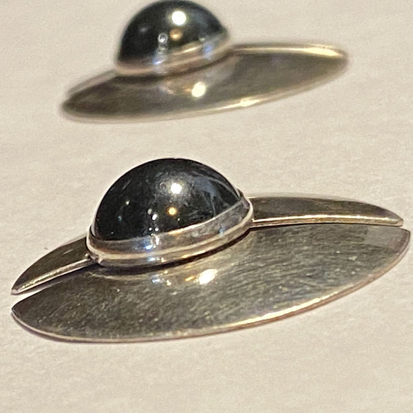 Pair Vintage American Modernist Sterling Silver and Hematite Earrings