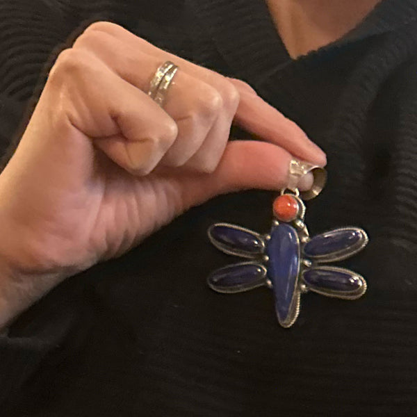 Native American Zia Jewelers Lapis Lazuli, Coral, Sterling Silver Dragonfly Necklace Pendant