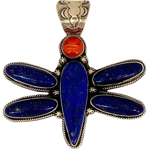 Native American Zia Jewelers Lapis Lazuli, Coral, Sterling Silver Dragonfly Necklace Pendant