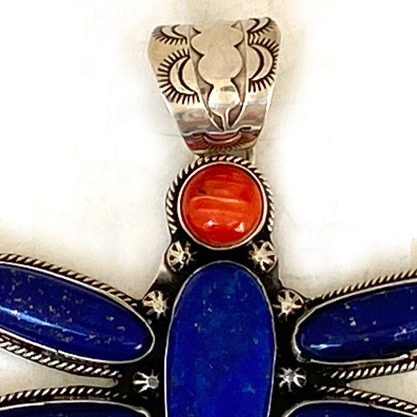 Native American Zia Jewelers Lapis Lazuli, Coral, Sterling Silver Dragonfly Necklace Pendant