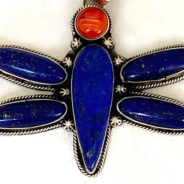 Native American Zia Jewelers Lapis Lazuli, Coral, Sterling Silver Dragonfly Necklace Pendant