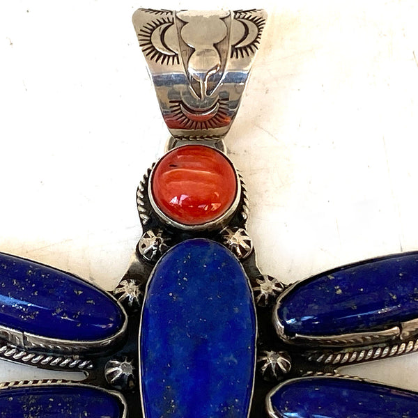 Native American Zia Jewelers Lapis Lazuli, Coral, Sterling Silver Dragonfly Necklace Pendant