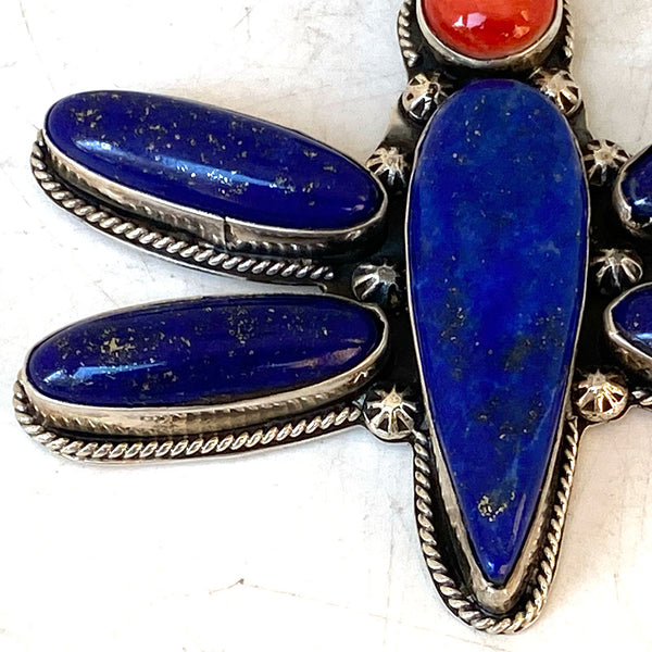 Native American Zia Jewelers Lapis Lazuli, Coral, Sterling Silver Dragonfly Necklace Pendant