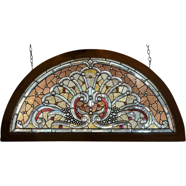 Large Fine American Stained, Beveled, Jewelled Glass Arched Transom Window