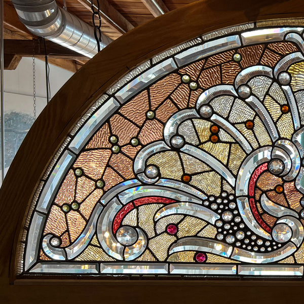 Large Fine American Stained, Beveled, Jewelled Glass Arched Transom Window