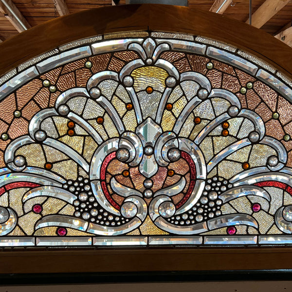 Large Fine American Stained, Beveled, Jewelled Glass Arched Transom Window