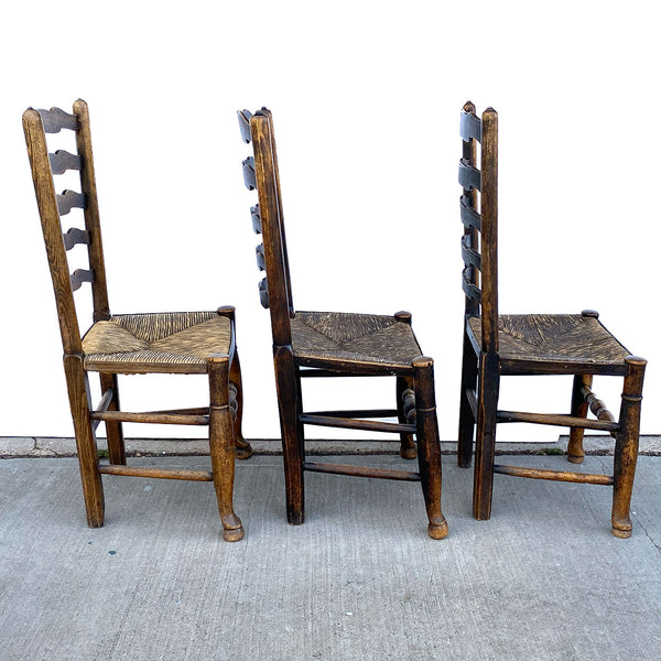 Set Six English Lancashire Georgian Oak and Elm Rush Seat Ladderback Dining Chairs