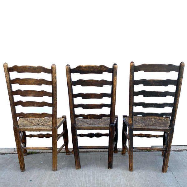 Set Six English Lancashire Georgian Oak and Elm Rush Seat Ladderback Dining Chairs