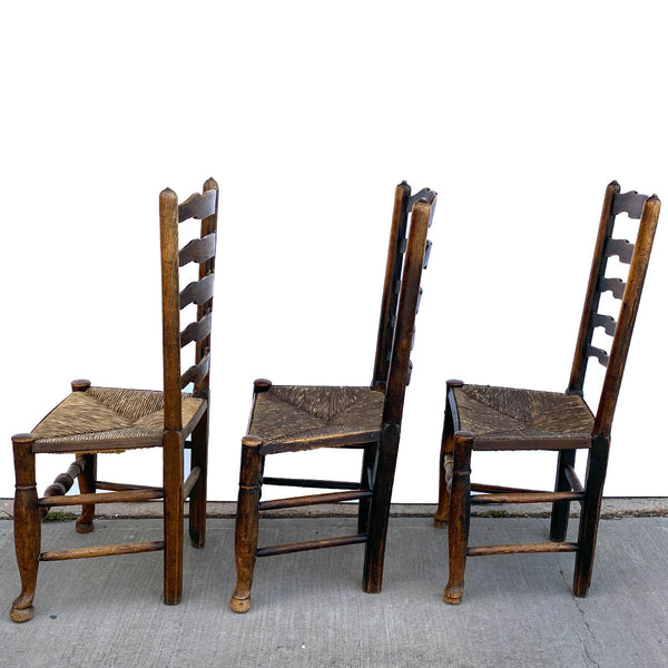 Set Six English Lancashire Georgian Oak and Elm Rush Seat Ladderback Dining Chairs