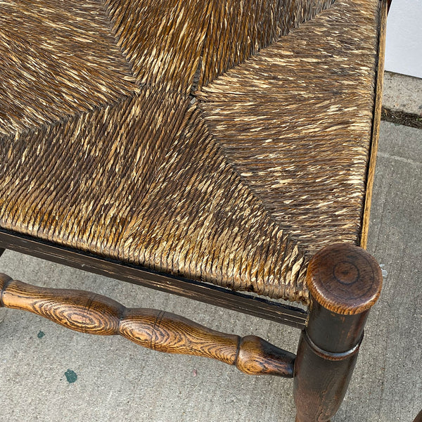 Set Six English Lancashire Georgian Oak and Elm Rush Seat Ladderback Dining Chairs