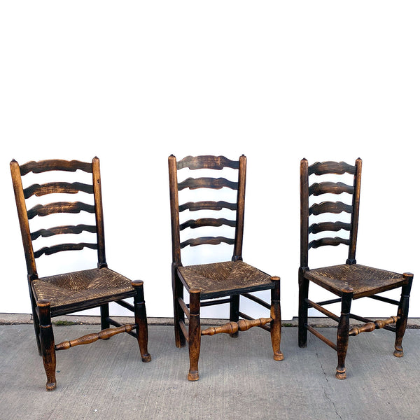 Set Six English Lancashire Georgian Oak and Elm Rush Seat Ladderback Dining Chairs