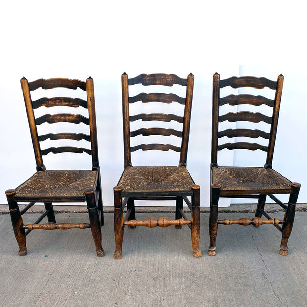 Set Six English Lancashire Georgian Oak and Elm Rush Seat Ladderback Dining Chairs