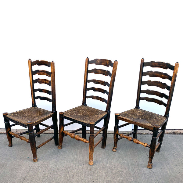 Set Six English Lancashire Georgian Oak and Elm Rush Seat Ladderback Dining Chairs