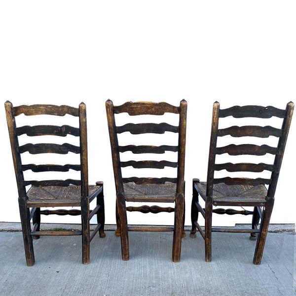 Set Six English Lancashire Georgian Oak and Elm Rush Seat Ladderback Dining Chairs