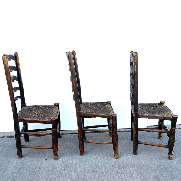 Set Six English Lancashire Georgian Oak and Elm Rush Seat Ladderback Dining Chairs