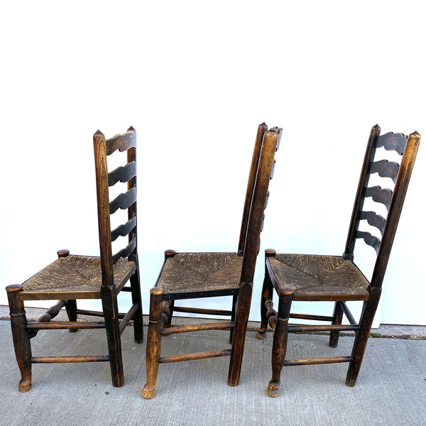 Set Six English Lancashire Georgian Oak and Elm Rush Seat Ladderback Dining Chairs