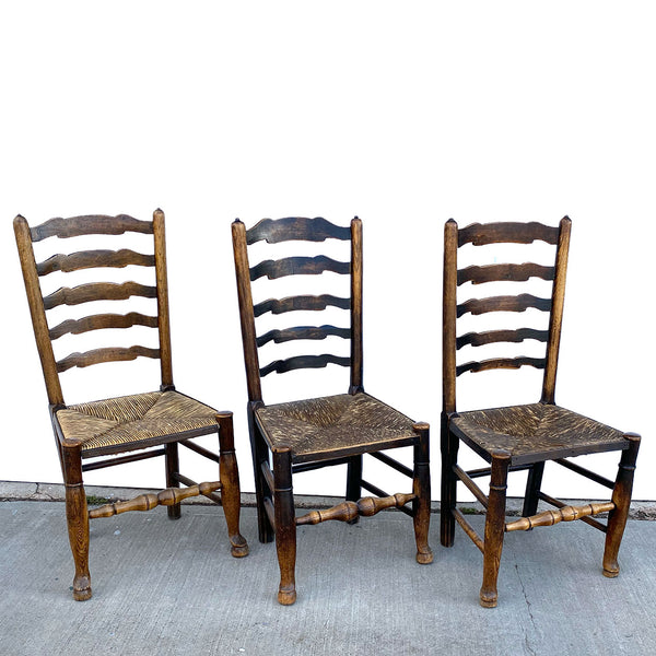 Set Six English Lancashire Georgian Oak and Elm Rush Seat Ladderback Dining Chairs