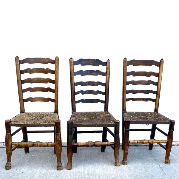 Set Six English Lancashire Georgian Oak and Elm Rush Seat Ladderback Dining Chairs