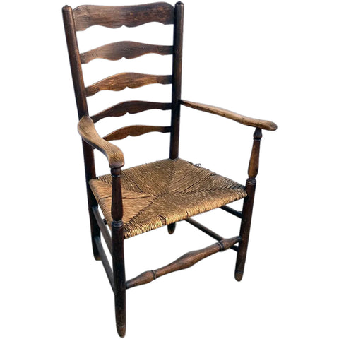English Georgian Oak and Elm Rush Seat Ladderback Armchair