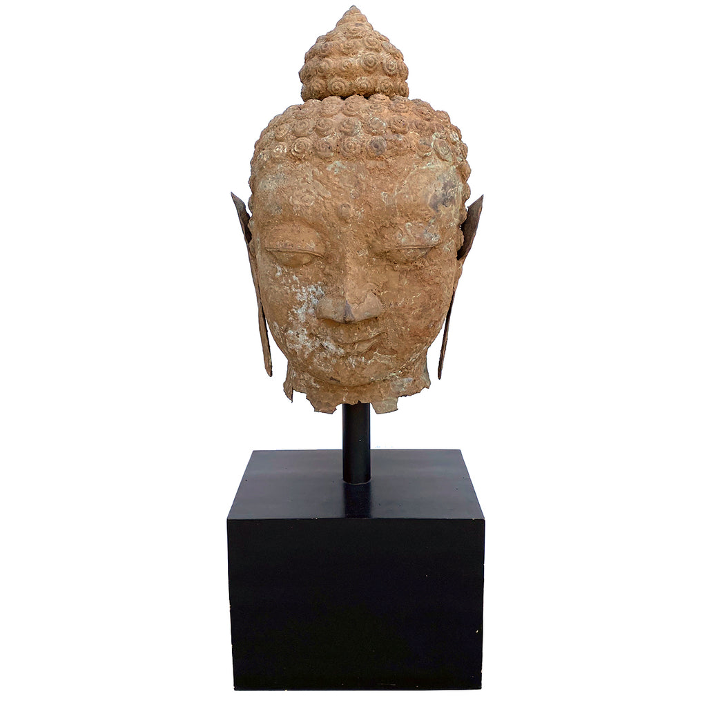 Indonesian (Java) Cast Verdigris Bronze Buddha Head Statue on Wooden Stand