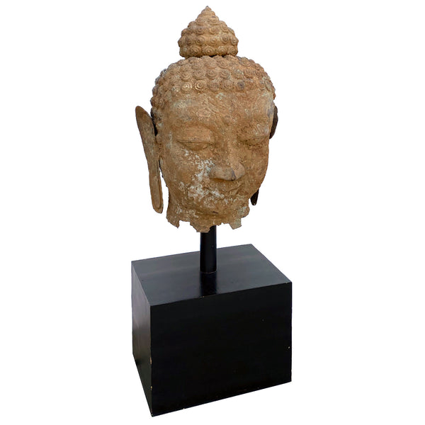 Indonesian (Java) Cast Verdigris Bronze Buddha Head Statue on Wooden Stand