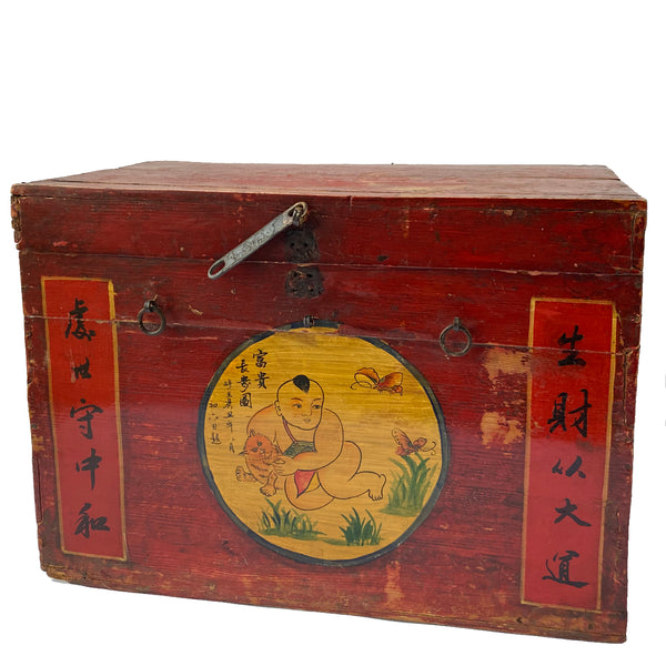 Small Chinese Red Painted Pine Wedding Chest / Storage Box