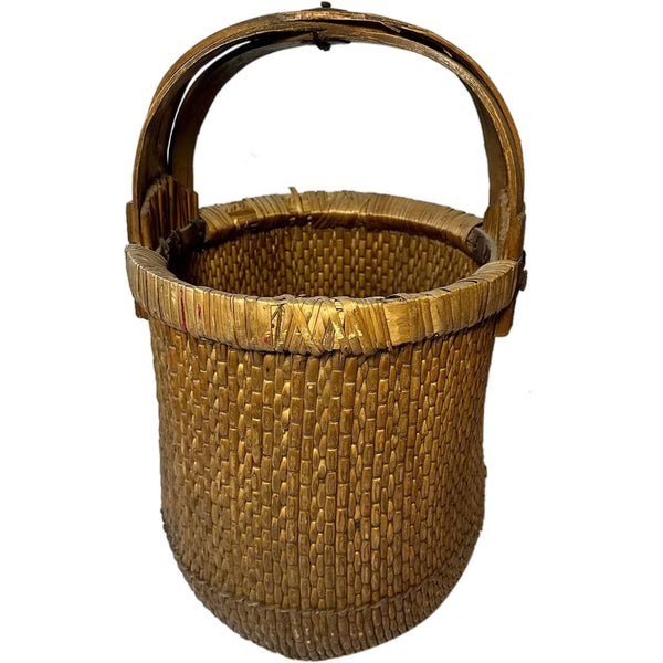 Large Chinese Iron Mounted Bent Handle Willow Grain Basket