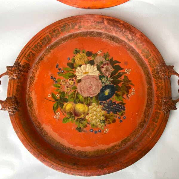 Pair of French Napoleon III Orange Toleware Floral Round Two-Handle Trays