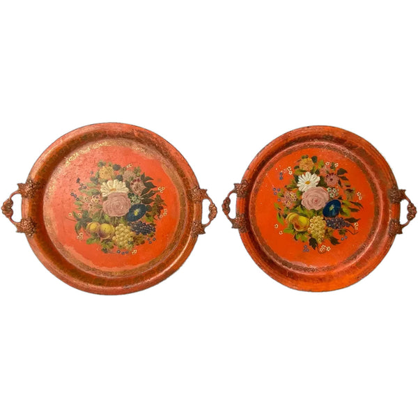 Pair of French Napoleon III Orange Toleware Floral Round Two-Handle Trays