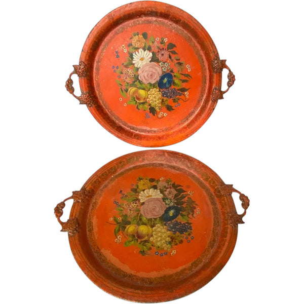 Pair of French Napoleon III Orange Toleware Floral Round Two-Handle Trays