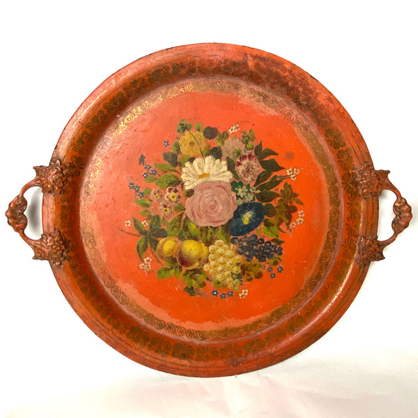 Pair of French Napoleon III Orange Toleware Floral Round Two-Handle Trays