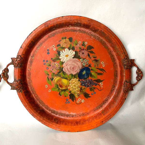 Pair of French Napoleon III Orange Toleware Floral Round Two-Handle Trays