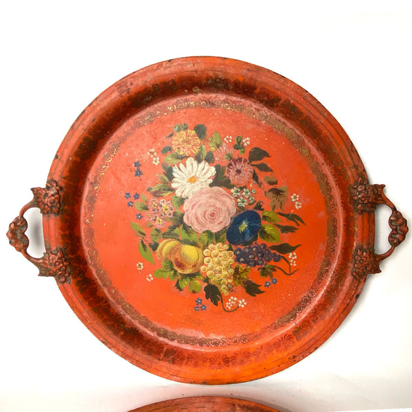 Pair of French Napoleon III Orange Toleware Floral Round Two-Handle Trays