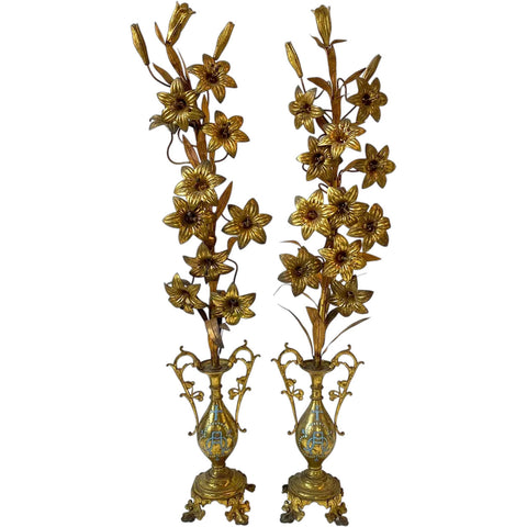 Pair Tall French Gilt Brass Floral Urn Altar Decorations