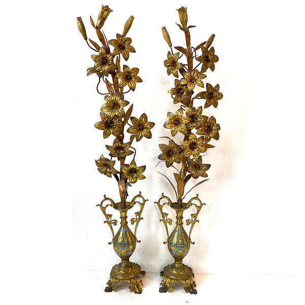 Pair Tall French Gilt Brass Floral Urn Altar Decorations