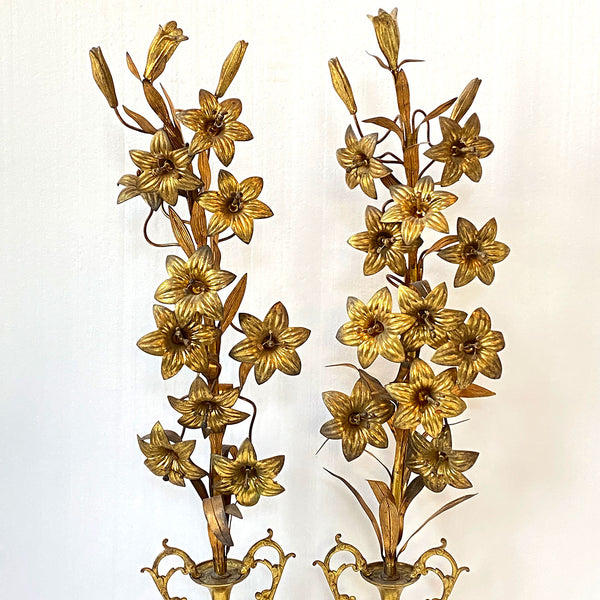 Pair Tall French Gilt Brass Floral Urn Altar Decorations