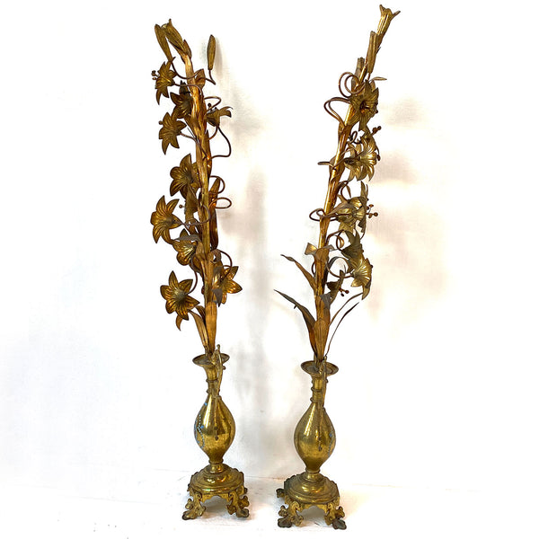 Pair Tall French Gilt Brass Floral Urn Altar Decorations