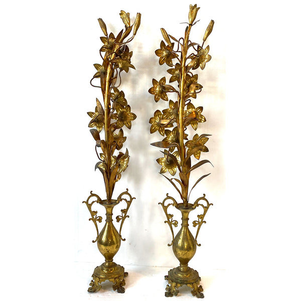 Pair Tall French Gilt Brass Floral Urn Altar Decorations