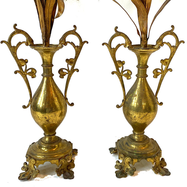 Pair Tall French Gilt Brass Floral Urn Altar Decorations