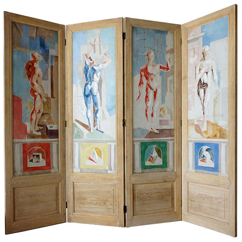 JACQUES CERIA DESPIERRE Painted Canvas and Oak Four-Panel Folding Screen