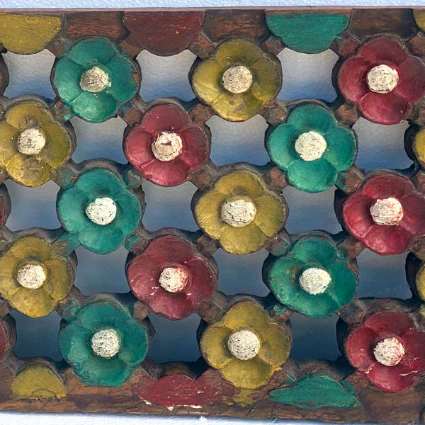 Vintage Indonesian Painted Teakwood Floral Lattice Ventilation Panel