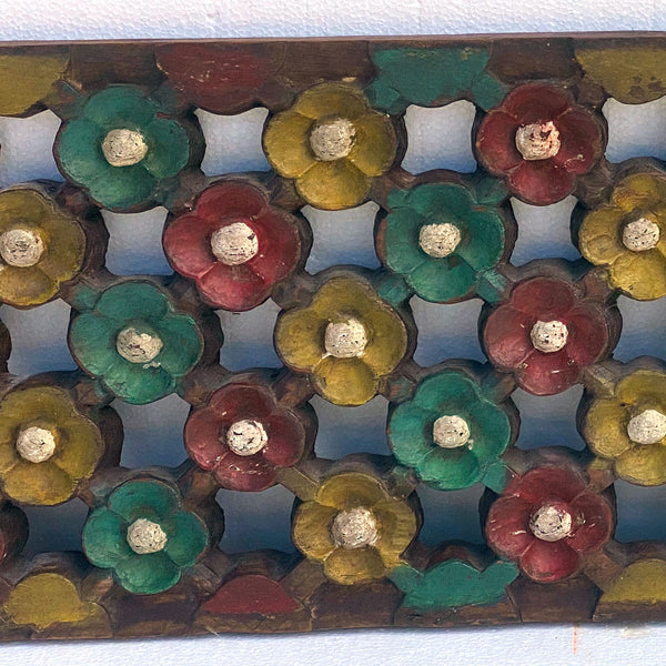 Vintage Indonesian Painted Teakwood Floral Lattice Ventilation Panel