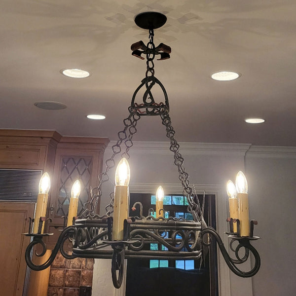 Large French Provincial Gothic Style Painted Wrought Iron Six-Light Chandelier