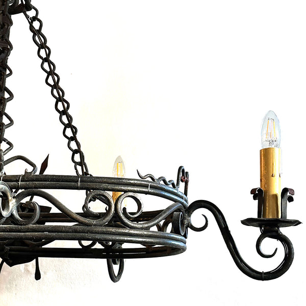 Large French Provincial Gothic Style Painted Wrought Iron Six-Light Chandelier