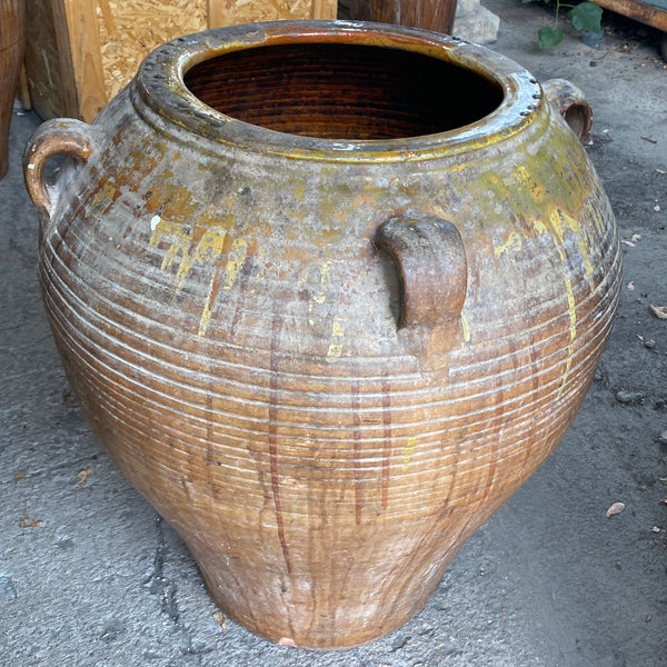 Large Spanish Green Glazed Terracotta Pottery Oil Jar
