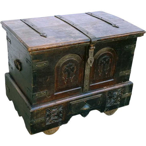 Indo-Portuguese Goan Iron Mounted Teak Storage Trunk on Wheels