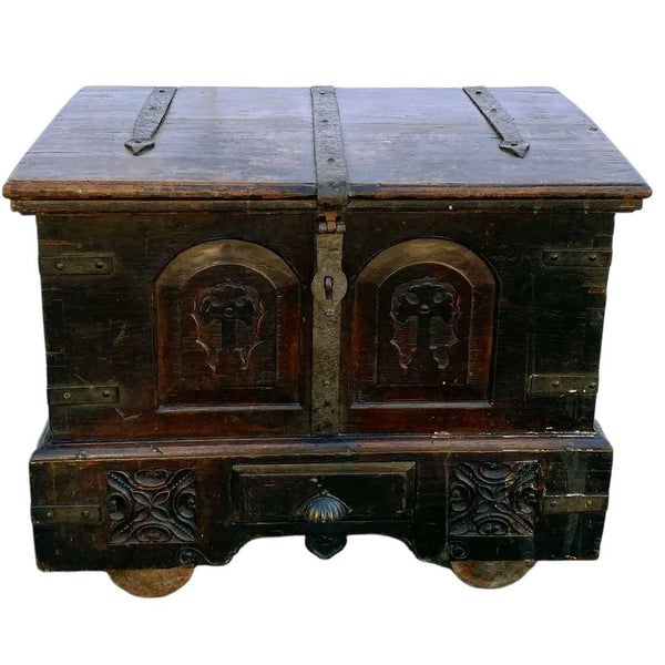 Indo-Portuguese Goan Iron Mounted Teak Storage Trunk on Wheels